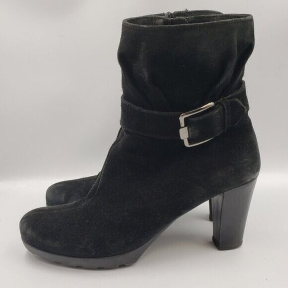 La Canadienne Black Suede Heeled Ankle Boots Size 8.5 Side Zip Treads Winter - Picture 6 of 14
